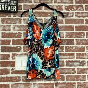 Thalia Sodi Cold Shoulder Floral Animal Print Top Colorful Boho XS